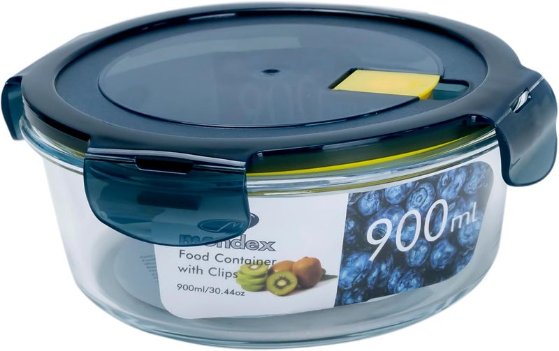 Mondex Borosilicate Glass Round Food Saver Food Storage Container Lunchbox with 900ml Capacity, Openable and Secure Air Vent, Silicone Seal, Plastic Lid - Image 1